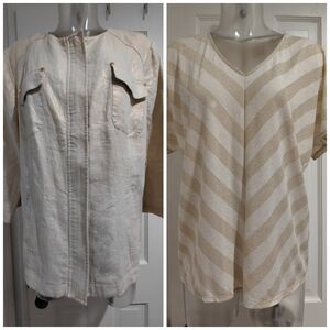 Chico's Cream and Tan Striped V-Neck Top & Lightweight Cream Jacket Set
